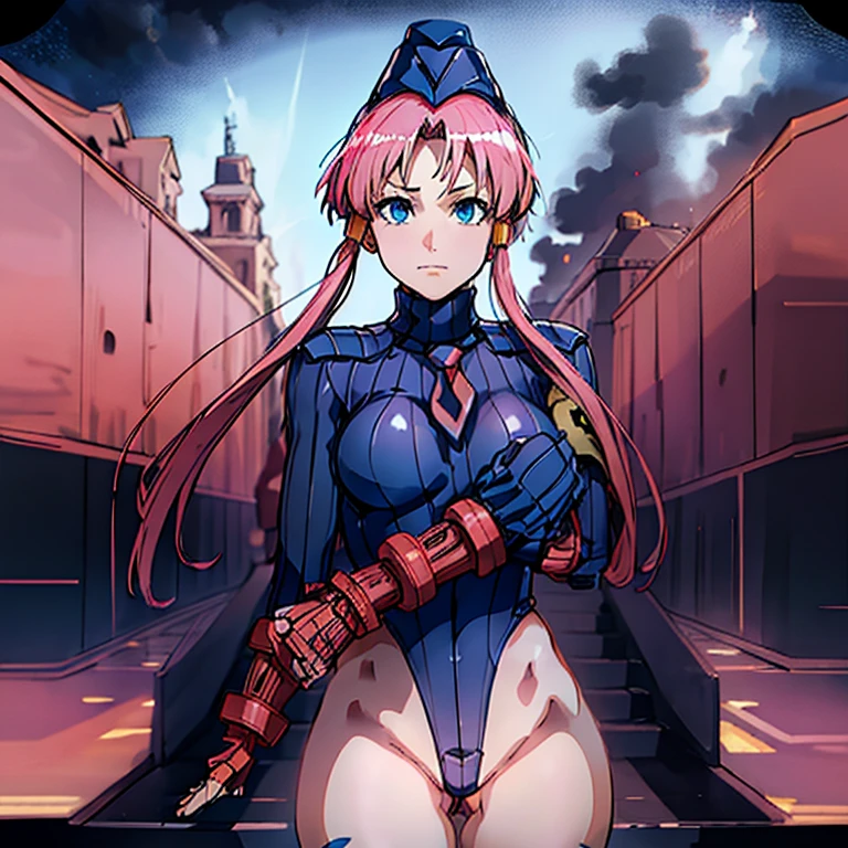 ultra-detailed, Explicit, Beautiful body, Beautiful Nose, Beautiful character design, perfect eyes, perfect face, ultra highres, 4K, beautiful legs, perfect legs, Nice hands, Perfect hand, Masterpiece, Best Quality, Highly detailed, illustration, absurdres, street fighter, doll suit, shadaloo doll, dollsuit, girls, multiple girls, expressionless, blank eyes, looking at viewer, red gloves, emotionless, black latex, corrution, mind control, female combatant, full body, hypnotized, unhappy trance, full body suit, ribbed bodysuit, both arms at side, obey, perfect female body, extremely glossy latex, hypnosis, hypnoLora, empty eyes, Mind control device, poses, submissive_pose, Slave, hat, necktie, stand up straight, standing, standing at attention, hat, necktie, belt, latex, ribbed bodysuit, thighhighs, garter belt, Fighting Stance, extending the right arm from the shoulder into the air with a straightened hand, nazi saluting, military, military saluting, salute, thigh boots, Long hair, pink hair, blue eyes, Mizunashi Akari, Aria, war background, apocalyptic background