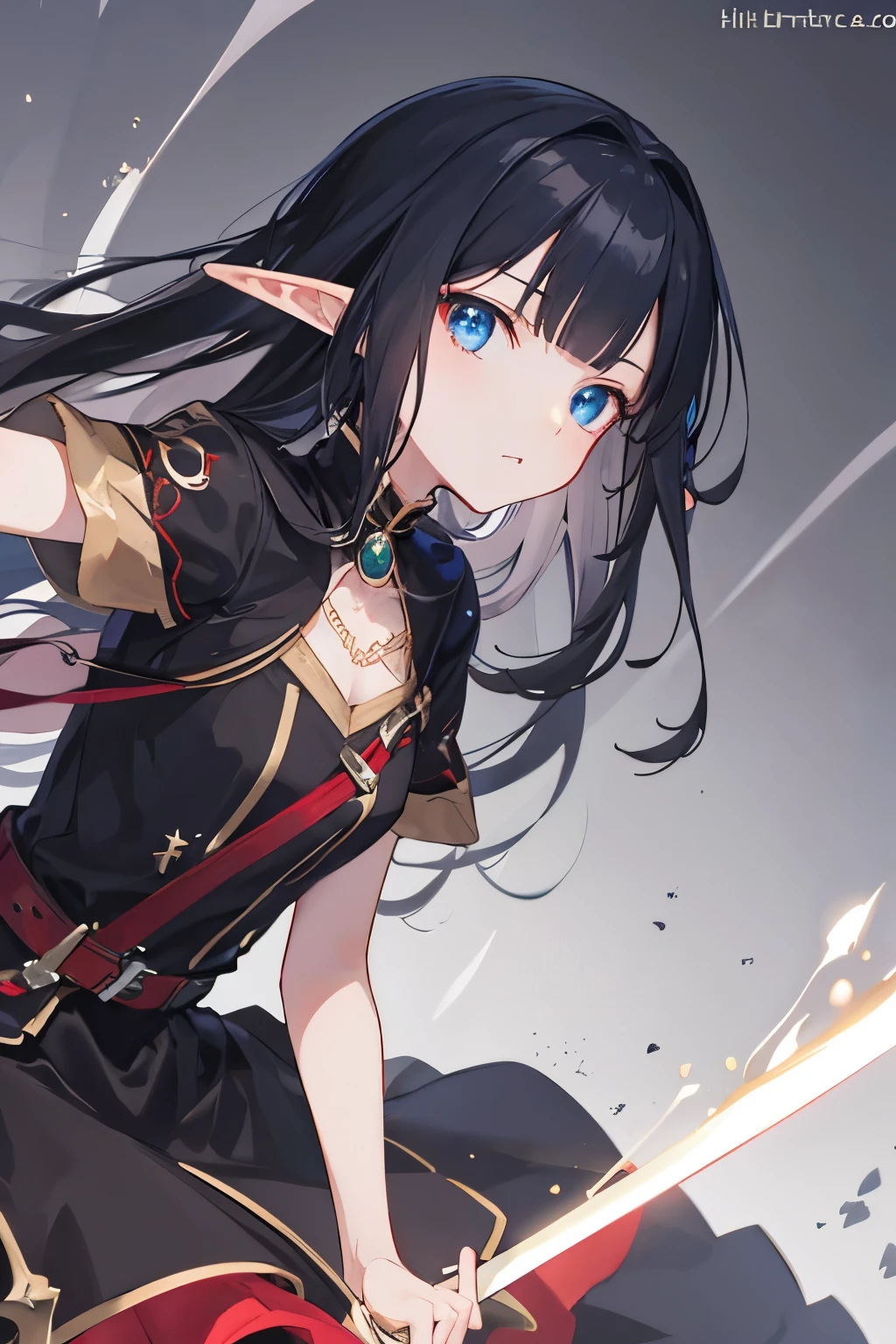 ((best quality)), ((master part)), (circunstanciado), rosto perfeito, elves, anime girl, black dress, long black hair, sword, shild, warrior, dark, blue eyes