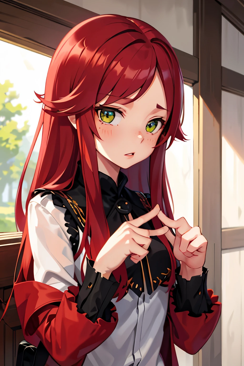 masterpiece, best quality, 1girl, long red hair, green eyes, freckles, upper body, nervous, looking at viewer, index fingers together,