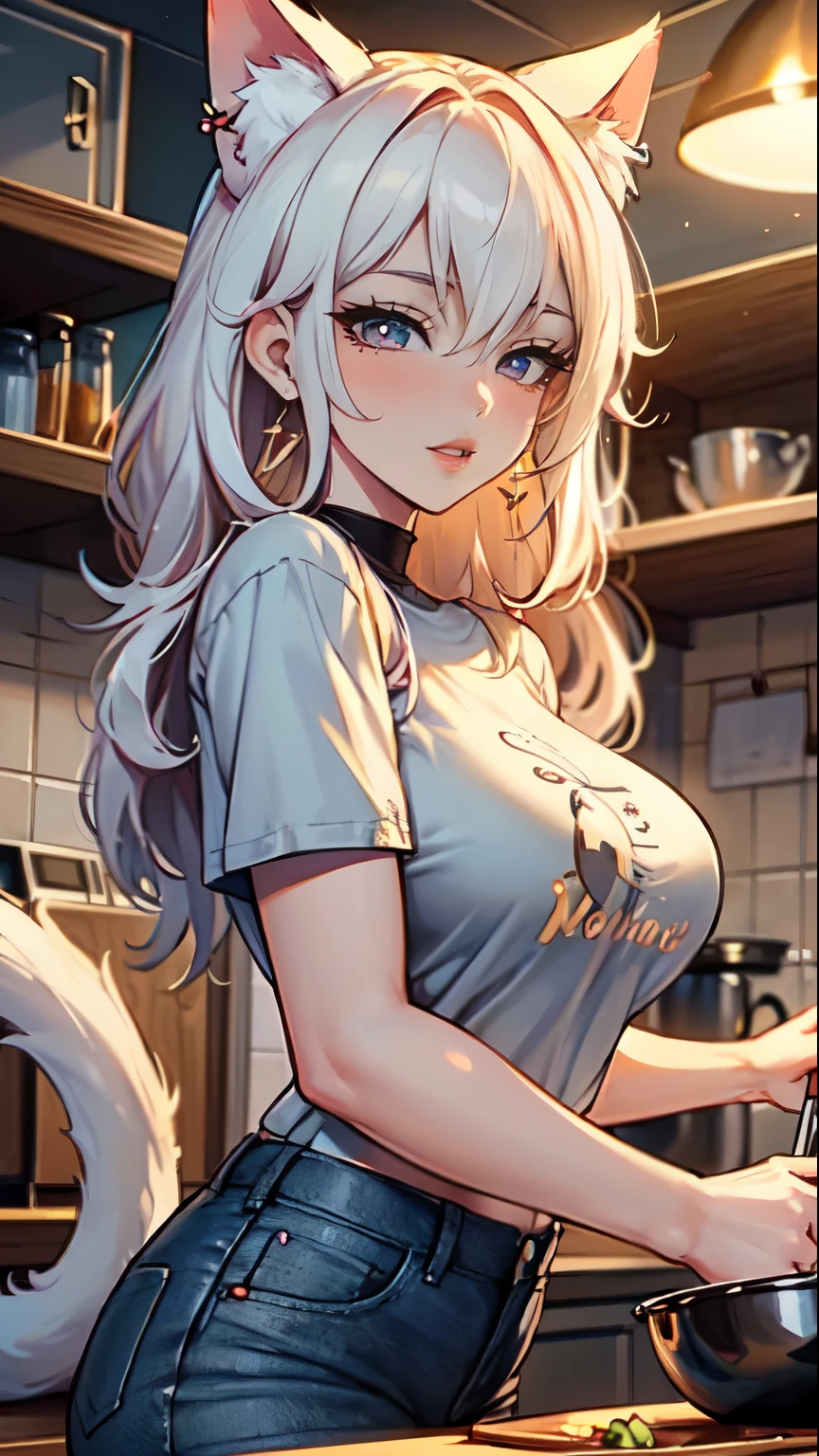 Masterpiece, beautiful art, professional artist, 8k, art style by sciamano240, very detailed face, very detailed hair, 1girl, perfectly drawn body, beautiful face, long hair, white hair , very detailed yellow vertical cat eyes, pouty lips , rosey cheeks, intricate details in eyes, wearing cozy tshirt, mom jeans, jordans, earrings, wearing a wedding ring, in love with the viewer expression, smiling , in the kitchen preparing a meal, hands on counter, close up on face, night time,