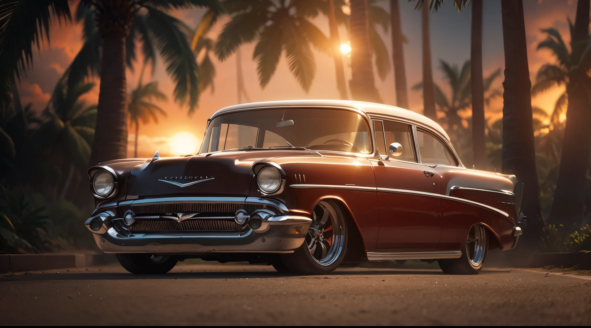 Carro VERMELHO com detalhes brancos de 57 Chevy e praia, coconut trees and boats and yachts at sunset near Syd Mead