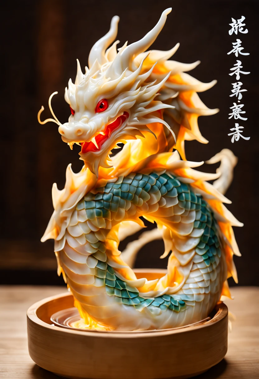 Make dragon-shaped gyoza:A dragon seen from the side is breathing fire,artistic dumplings,beautiful lighting,Thin and transparent gyoza skin,The layered skin expresses the scales of a dragon.,delicately and boldly,Even if it was served to royalty, it would not be as good.,How wonderful,masterpiece