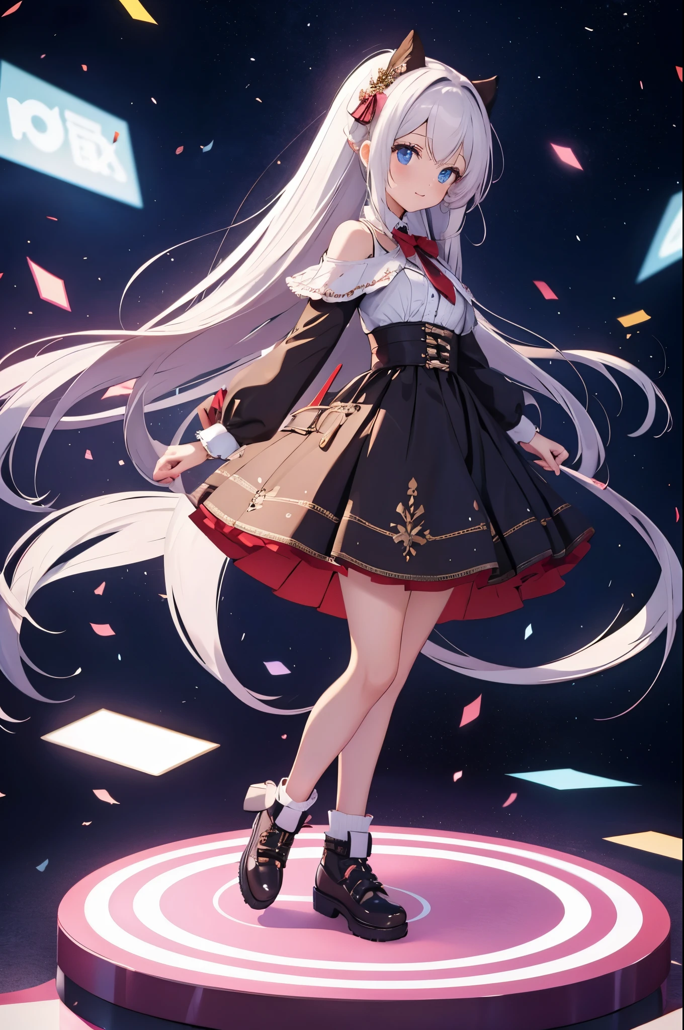 Place a character on a pedestal like a social game gacha, full body, SSR,chibi