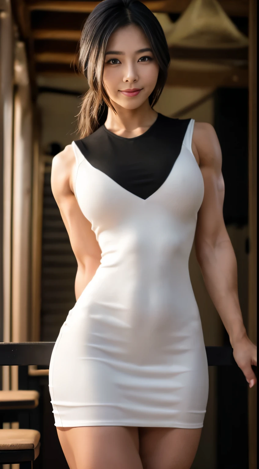 (Raw photo:1.2), (Photorealsitic:1.4), huge filesize, hight resolution, ighly detailed, top-quality, (masterpiece:1.6),(Hyper-realistic: 1.4), ighly detailed, nffsw, finely detail, top-quality, 8k wallpaper,People with Japan,((Girl with clear white skin)),、FULL BODYSHOT、((Muscular woman like a bodybuilder:1.2)) ,(Hourglass-shaped body)、((Huge ass)),((thick and strong legs:1.4))、((Thick arms with sculpted muscles:1.3))、wide breasts, ((Disproportionately large breasts:1.4))、((Lori face:1.2))、Narrow eyes, cute face, Narrow eyes,((A smile))、((Sauvage、One-length))、((((Sleeveless Black Body Con Dress:1.3))))、((Stand at the end of a narrow alley in the middle of the night、A big city lined with neon-lit Western-style izakayas))、 (Realistic: 1.3), (Smooth lighting: 1.05), (Improved cinematic lighting: 0.9), Realistic lighting, Backlight, Face Light, raytrace, (Whitening light: 1.2), ( top-qualityのリアルスキン: 1.4), (Body Line Mood Increase:1.1), (Skin Texture Enhancement Beauty:1.1),