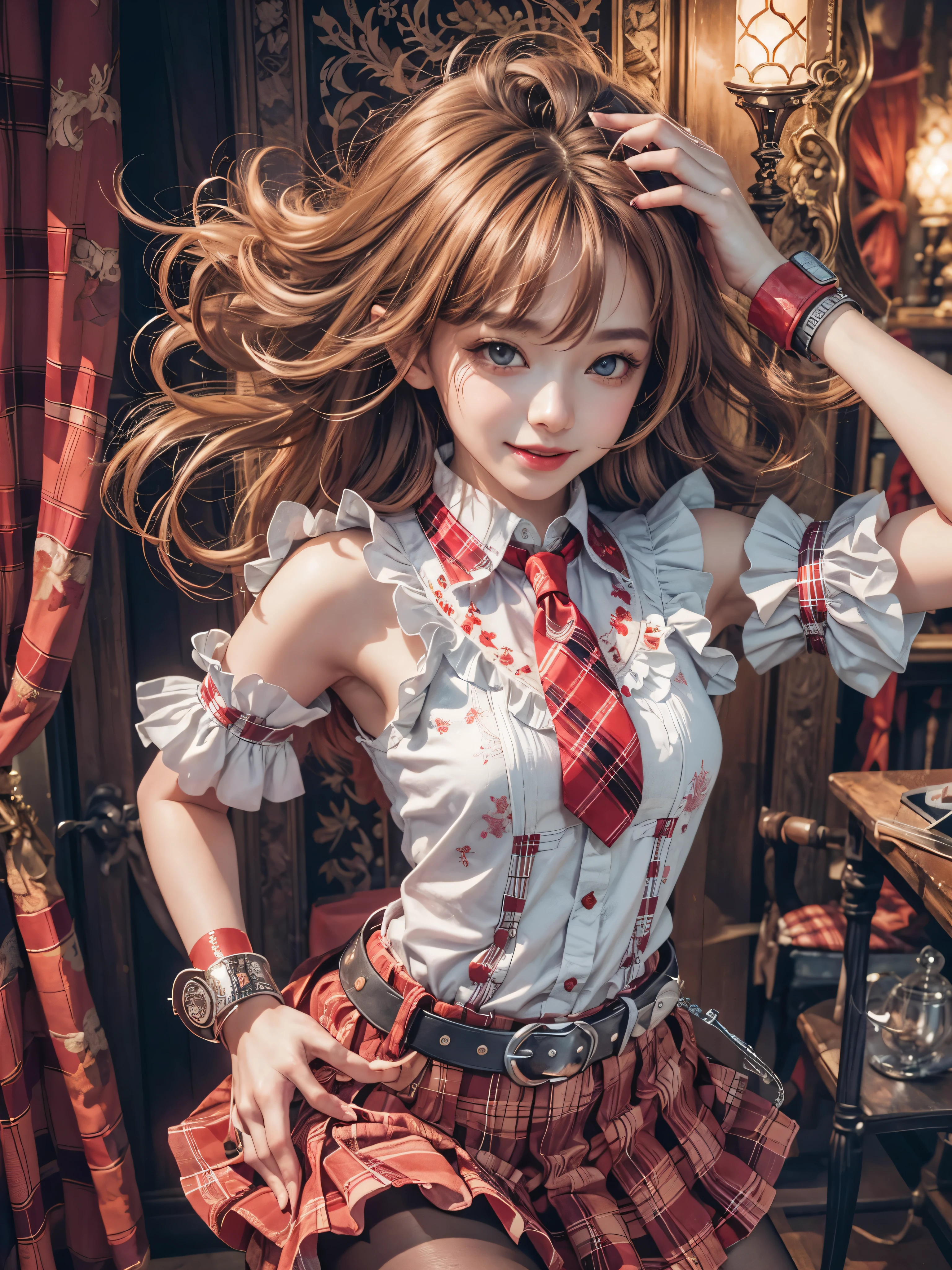 (Digital art, fractal art, official art, beautiful and aesthetic, ultra detailed, beautiful, masterpiece, best quality:1.8), (1girl:1.2), Detailed face, Detailed eyes, Detailed hair, Detailed fingers, five fingers,
_
BREAK cute ig model, Japanese cute model, 22 years old, Tightened body, small head, small face, small mouth, diamond Face, small nose, Sharp Faceline, smile,Teeth, (dropy eyes, Double eyelid, Light color eyes, Moist eyes, Shiny eyes:1.2), Shiny hair, Shiny skin,
_
BREAK (happy, smile, Teeth), beautiful Teeth,
BREAK (Enchant:1.4), (red theme:1.5), ((red plaid pattern, tone on tone):1.4), (idol uniform:1.2), (fusion of sleeveless (red plaid pattern) vest and red sundress:1.4), (red tie:1.4), ((red plaid pattern) multi-layered skirt with ruffles:1.3), ((red:1.3) platform HIGH boots:1.1), (red plaid pattern ribbon on head:1.3),
BREAK (short sleeve white collared-shirt dress layering:1.2), (black pantyhose:1.2), (belt:1.3), (wristband:1.3),