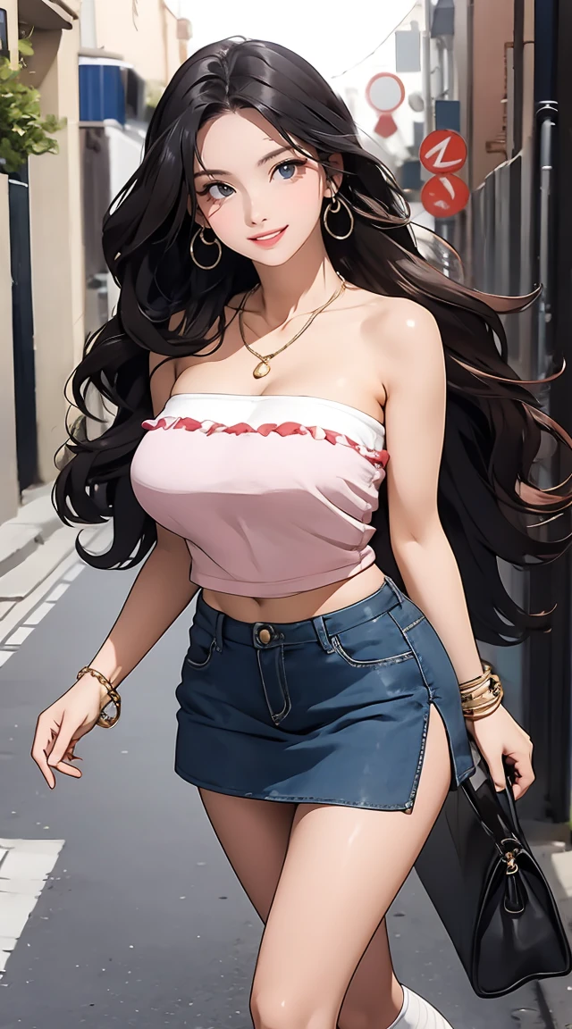 (masterpiece, best quality), nice figure, big breasts, wavy hair, bracelet, necklace, strapless tube top, miniskirt, fishnet socks, quiet alley