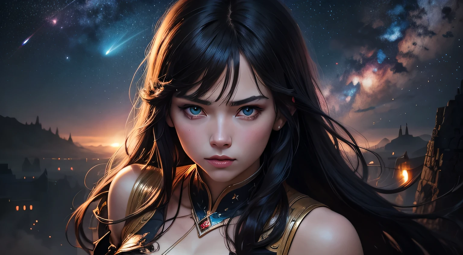 Brunette with a strong-willed arrogant look, Cyan eyes, Realistic, Charismatic,  Background of cosmic sky and stars. many details, The theme of medieval fantasy, long black hair with bangs, 25 years, full - body, The face of the princess, 真实感, Cinematic lighting, From directly above, super detaill