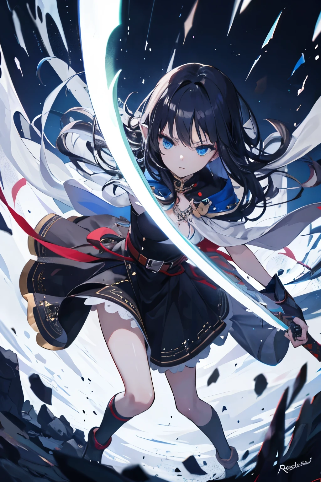((best quality)), ((master part)), (circunstanciado), rosto perfeito, elves, anime girl, black dress, long black hair, sword, shild, warrior, dark, blue eyes, fullbody