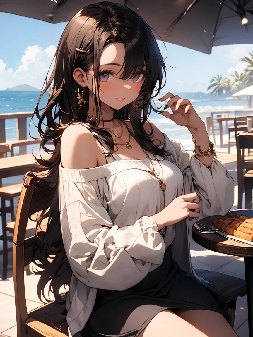 masterpiece, absurdres, best quality, ultra detailed, high Resolution, detailed illustration, extremely beautiful detailed face and eyes, bright colour, 1girl, (), cute face, Delicate beautiful face, magenta eyes, cute eyes, sparkling eyes, big eyes, medium breasts, (perky breasts:1.1), (pointy breasts:1.1), medium hips, glamorous body, white skin, smile, BREAK, long bob cut, (blonde hair:0.8), messy hair, detailed hair, shiny hair, BREAK off shoulder sweater, long skirt, tiny ribbon, restaurant, shortcake, real world, natural lights, perfect lighting,
