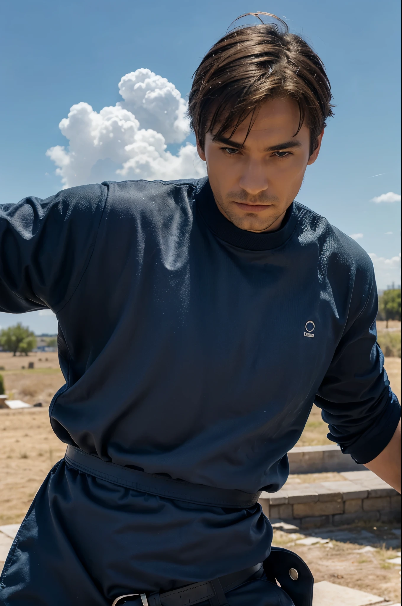 Hombre musculoso con un pantalon rojo largo una camisa azul.pelo negro ,un ojo azul y otro rojo.
