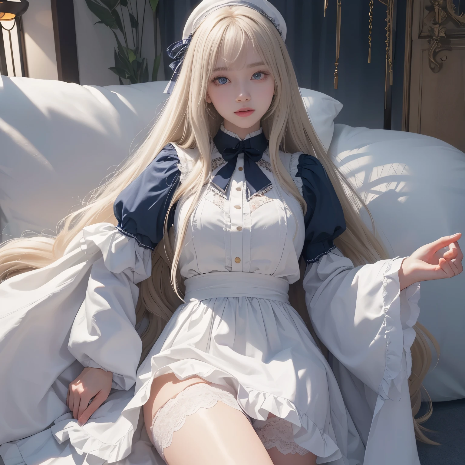 (((tmasterpiece))), best qualtiy, illustratio, comic strip(( girl)), Long light white hair, Beautiful detailed red eyes, ((White sailor suit)), short- sleeved, ((adolable))), ((cute face)), full bodyesbian, Beds, cheerfulness, little breast, a baby face,Whirs,White stockings,(head gear:Bow knot)