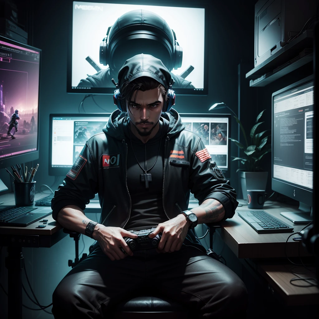 video game, man playing on the computer, game character, ciberpunk, 4K