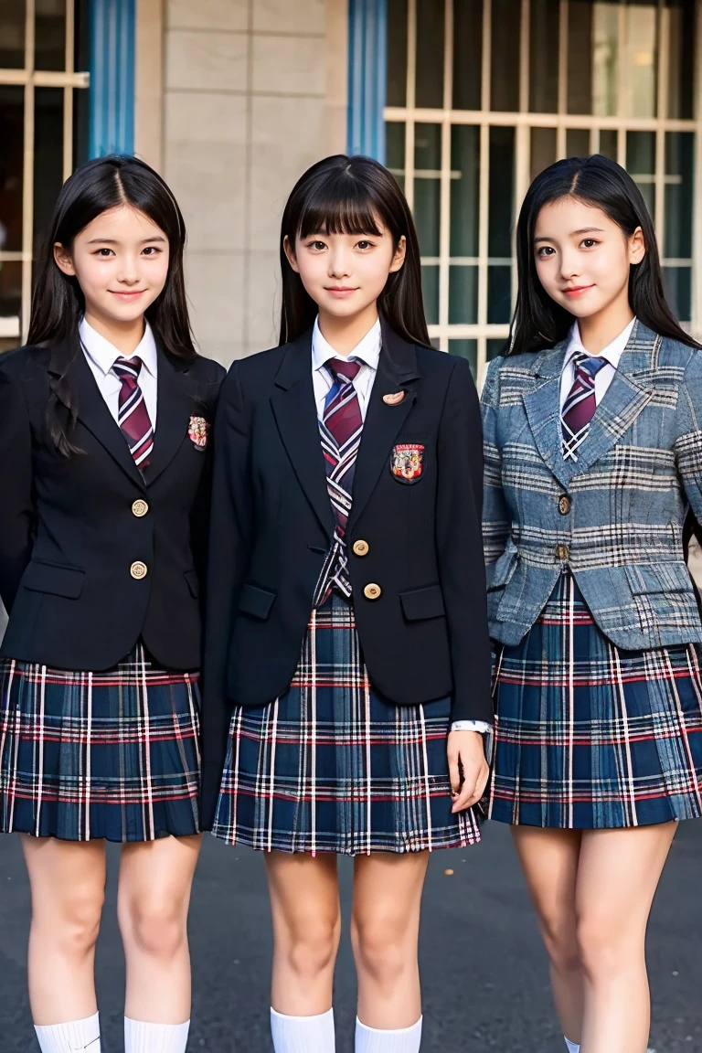 Three Beautiful Girls、Blazer School Uniform、A dark-haired、schools、early evening、14years、Plaid skirt、