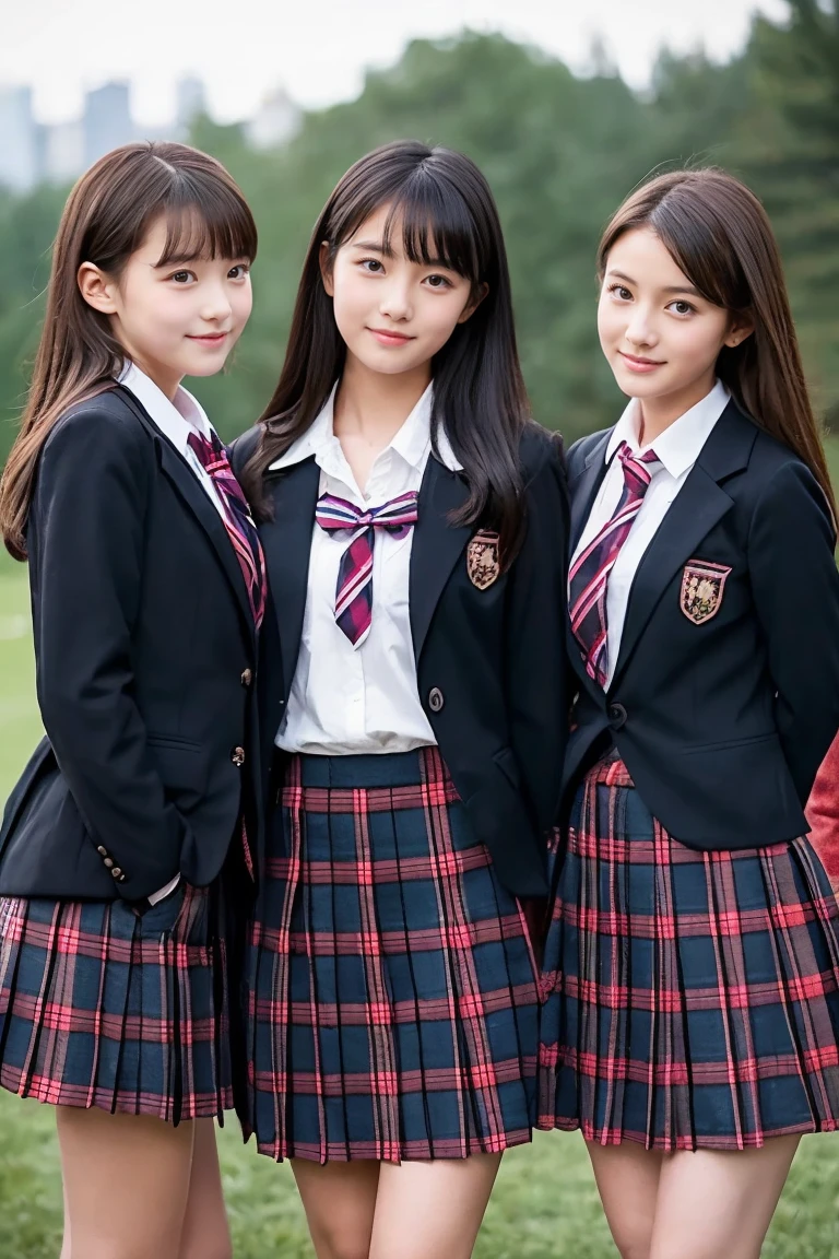 Three Beautiful Girls、Blazer School Uniform、A dark-haired、schools、early evening、14years、Plaid skirt、