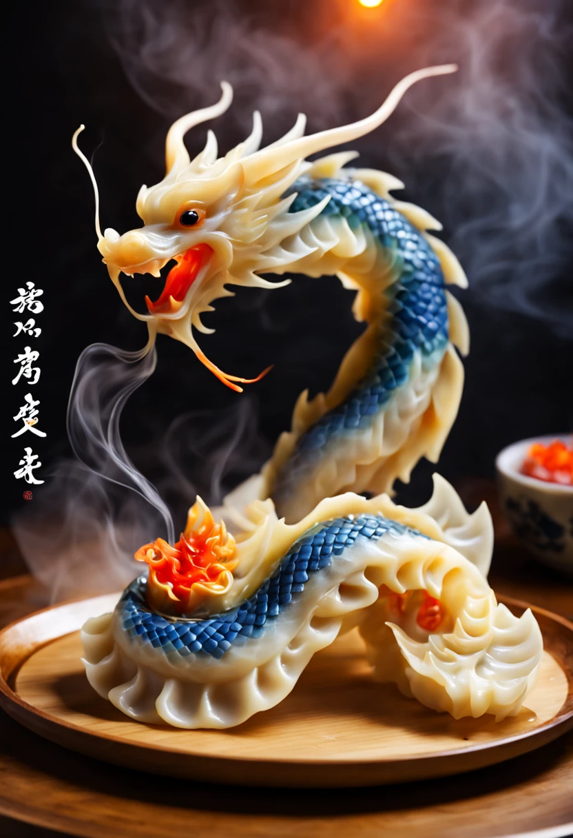 Make dragon-shaped gyoza:A dragon seen from the side is breathing fire,artistic dumplings,beautiful lighting,Thin and  gyoza skin,The layered skin expresses the scales of a dragon.,delicately and boldly,Meals served to royalty,How wonderful,​masterpiece