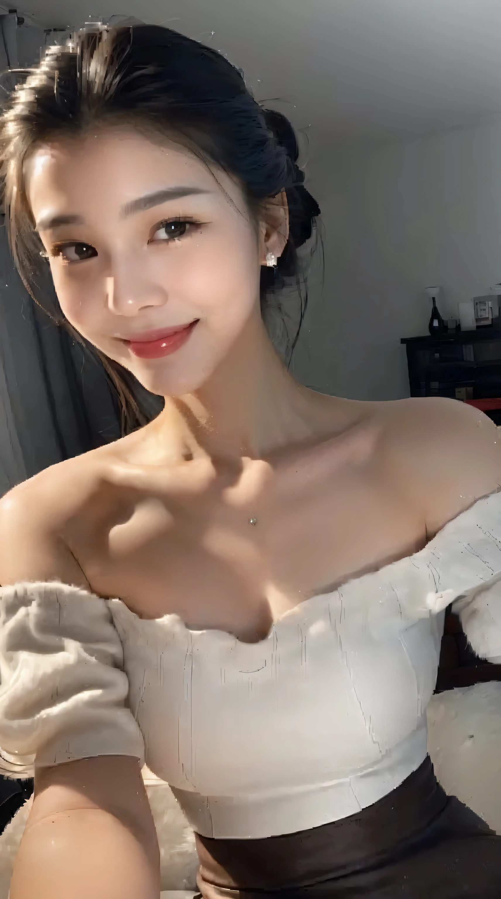 ((Realistic photo, Best quality, 8K, Masterpiece: 1.3)), (raw photo:1.2), Hyperrealist portrait gorgeous Beautiful Chinese girl, 16 years old, Perfect Figure, pretty slim body, (beautiful big breasts: 1.2, pretty Slender abs), very detailed eyes and face, (lustfully naughty face, salmon red lip, natural makeup: 1.3, blushing), beautiful detailed eyes, seductive sharp eyes, (innocent smile: 1.4), oily white skin, photo realistic, very detailed face, ((white off-the-shoulder long top, white fur long skirt)), (long legs: 1.2, beautiful long nails), chignon hairstyle, ((selfie pose)), (living room background), (dark Lighting: 1.3, deep shadow, low key lighting, Cinematic lighting, dim lighting)