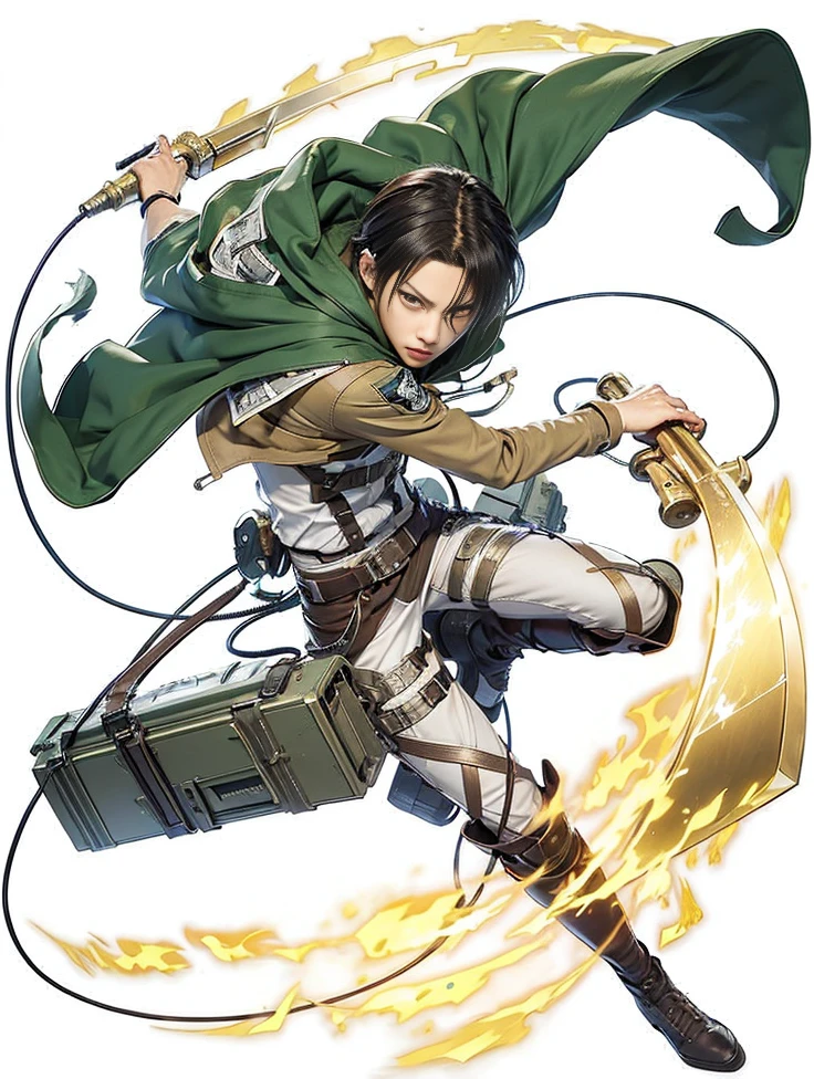 1boy, levi ackerman, Super Deformed Character, A detailed illustration of a beautiful cute kawaii chibi in a old village, levi from anime attack on titan, sword in hand vertical maneuvering equipment, narrow, intimidating dull gray eyes with dark circles under them and a deceptively youthful face, frowning or expressionless, in his Survey Corps uniform with green hooded cloak, serious mood, awesome full color, high quality, highly detailed, 8K Ultra HD