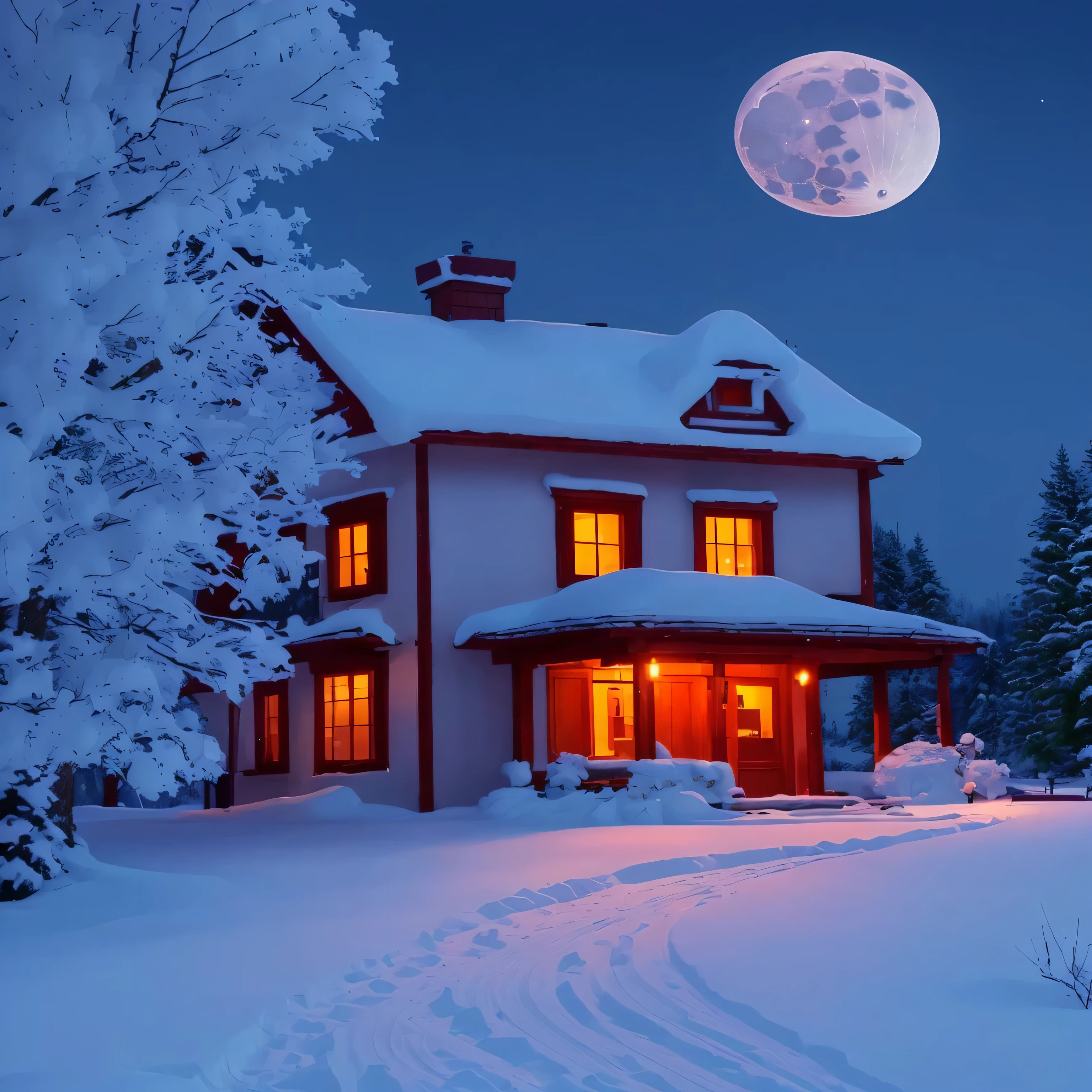 arafed house in a Yukiy landscape with a full moon, beatiful house, Winter nights, Yukiy winter, House background, moonlight Yukiing, (Yuki), fantasia de cena de inverno, Yukiy night, winter Yuki, Yukiy winter christmas night, Winter wonderland, winter time, winter setting, moonlight Yuki, winter in the Yuki, winter time, Yukiy winter scene