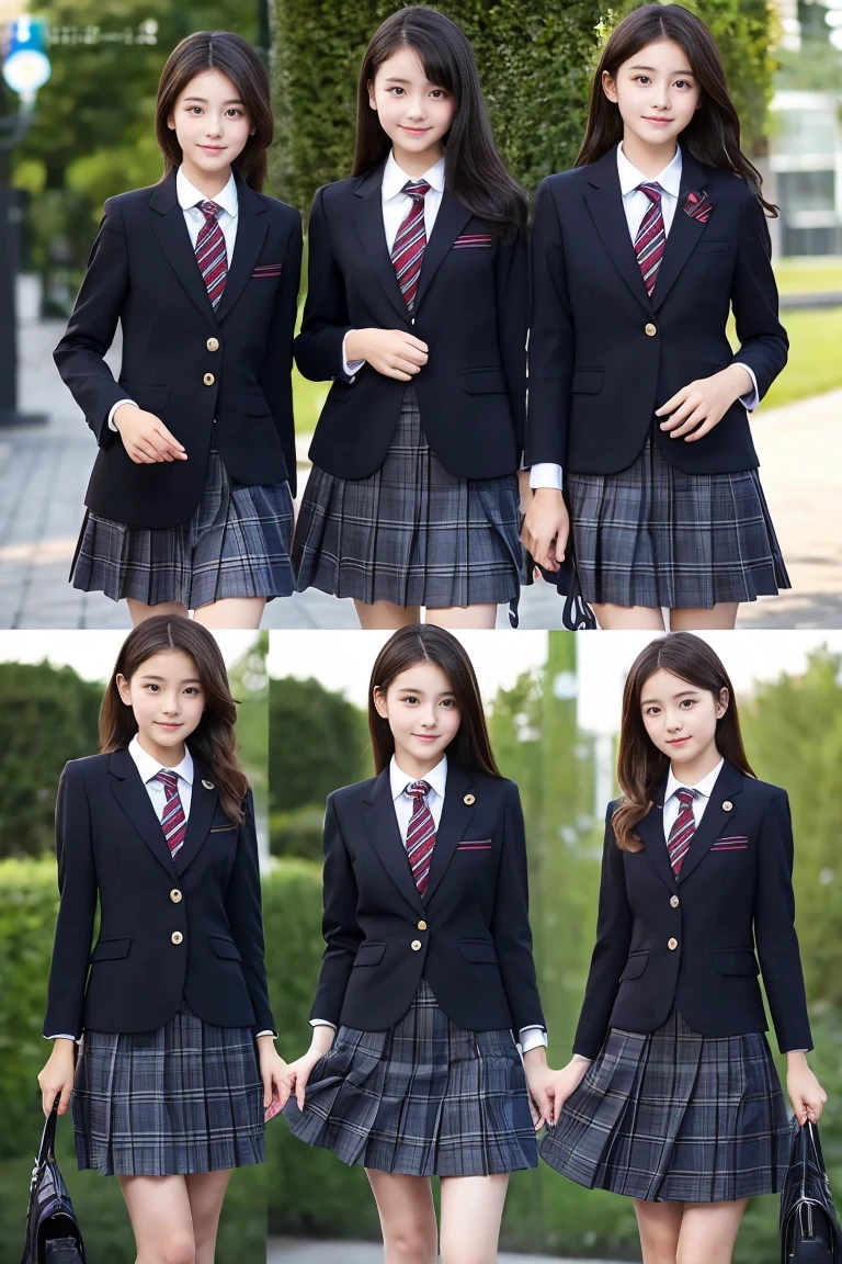 Three Beautiful Girls、Blazer School Uniform、A dark-haired、schools、early evening、14years、Plaid skirt、Spinning、