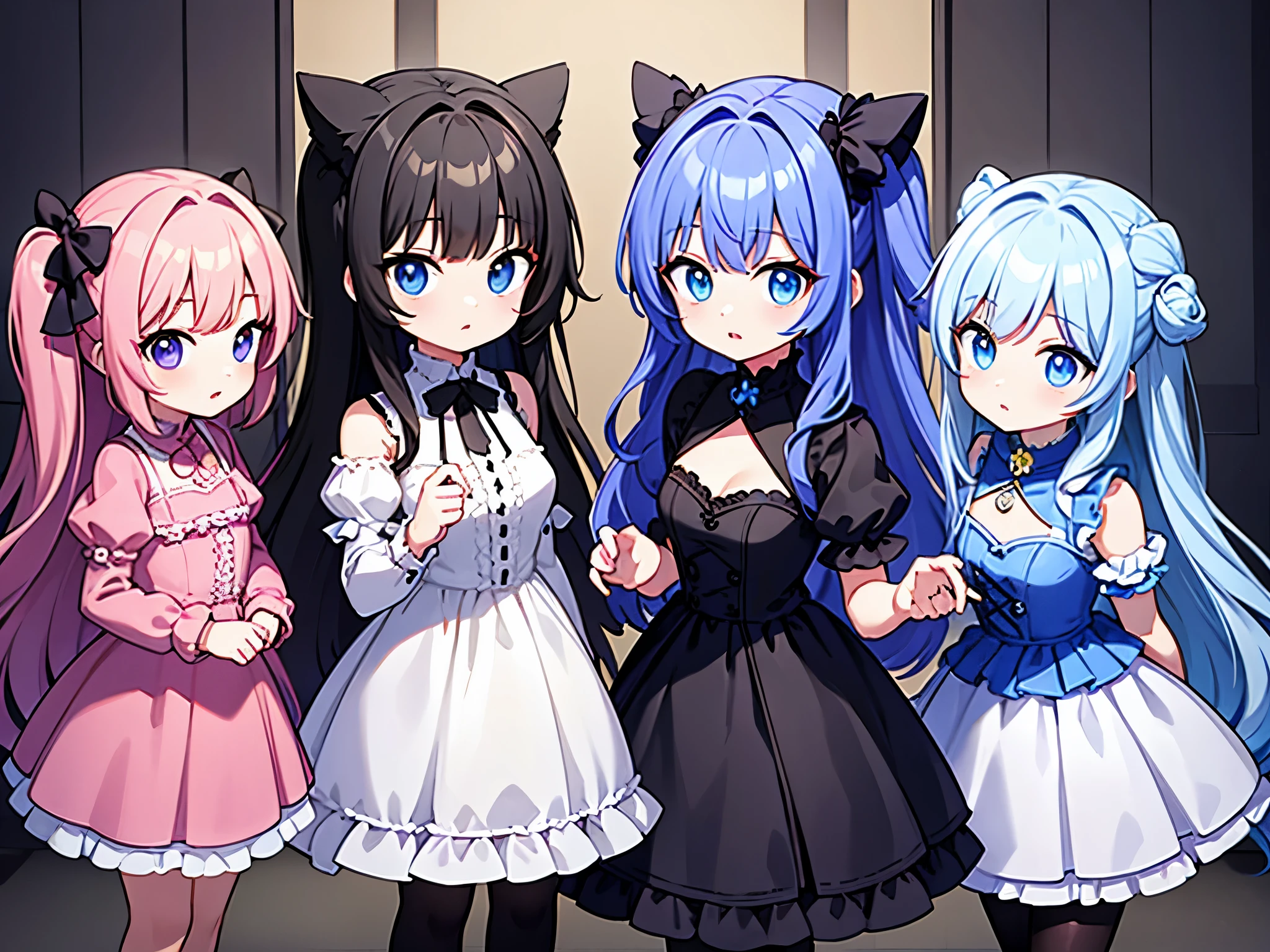 twins sister, hairstyles different, hair colors different, iris colors different, outfits different,