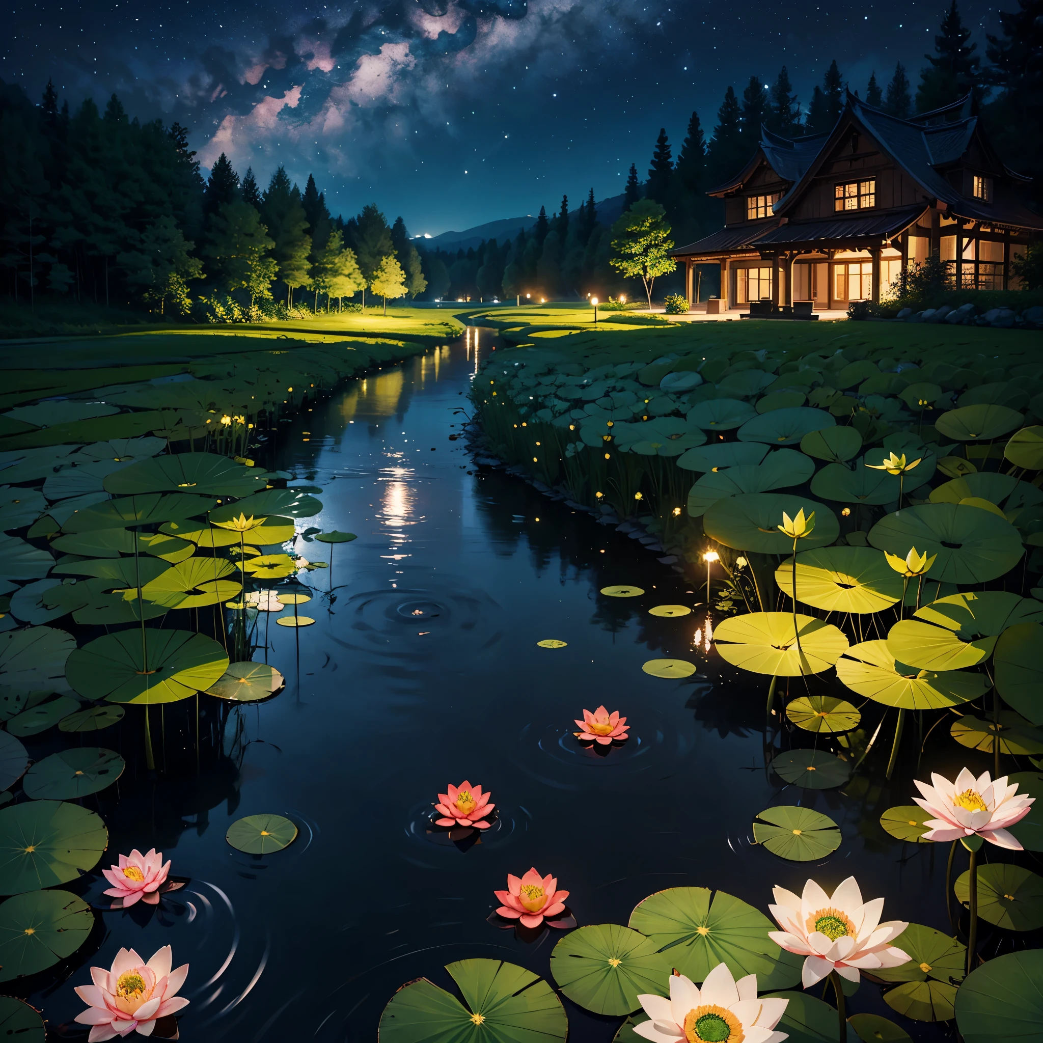 Best Quality、masutepiece、8K、(lotuses、睡lotuses)、fullmoon、nighttime scene、starrysky、the woods、bog