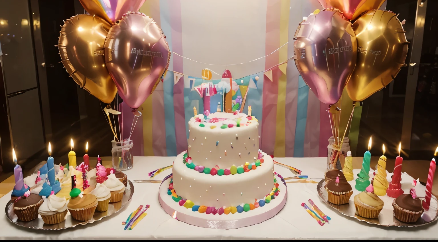 white birthday cake with candles, birthday party for children, children having fun, colorful cake, rainbow, multicolored balloons and sparkles, chocolate, sugar and candies, candles, sweet dessert