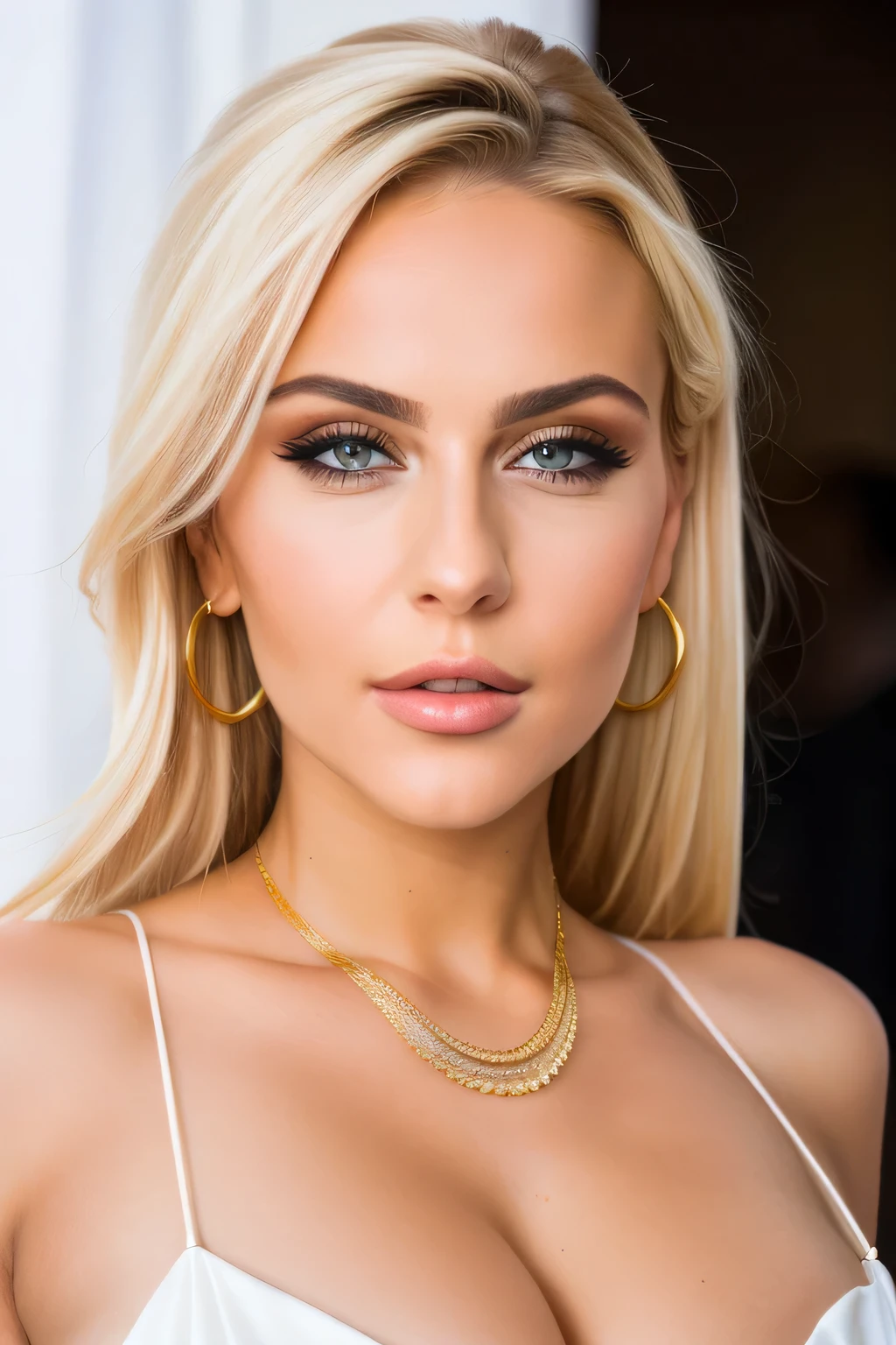 hires. very sharp, wide angle, a extremely albanian albanian woman, blond hair, realistic detail, realistic, instbds, , detailed, sexy fashionista, dress, detailed skin,portrait,upper body portrait , extreme detailed face, eyes,face straight into the camera