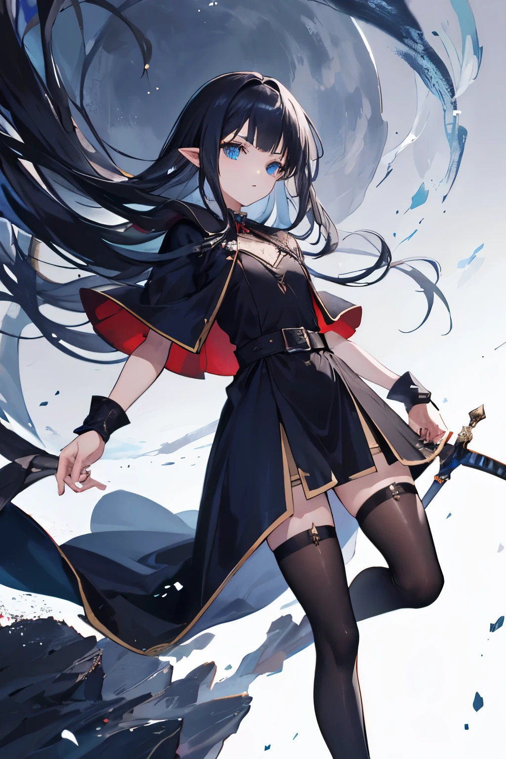 ((best quality)), ((master part)), (circunstanciado), rosto perfeito, elves, anime girl, black dress, long black hair, sword, shild, warrior, dark, blue eyes, fullbody