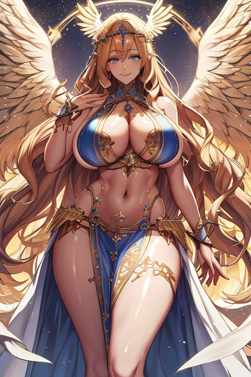 priestess,valkyrie,angel wings,navel,sideboob,complex,light particles,thighs,shiny skin, perfect lighting, 1girl,  looking at viewer,winged headgear,pelvic curtain, smile,(masterpiece), (best quality), extremely huge breasts, motherly, porcelain skin, honey blonde hair, very long hair, wavy hair