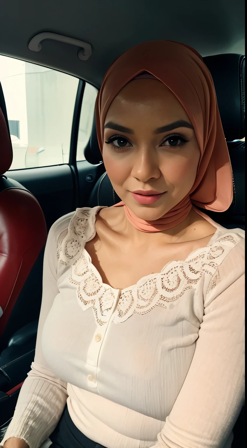 57 Years old, Female, Ladies night owner, Hijab Indonesian Mature Woman, Wearing Casual dress, wearing White Lace, Realistic wrinkels face, realistic wrinkels breast, Realistic Ultra Gigantic Breast, Breast About to Burst out, PP cup Breast, Seducting Look. Full body, seductive body language, dildo, flat CHEST, Skinny, red lace