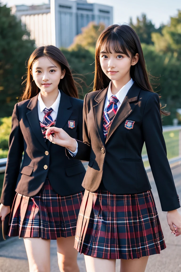 Three Beautiful Girls、Blazer School Uniform、A dark-haired、schools、early evening、14years、Plaid skirt、Run up、