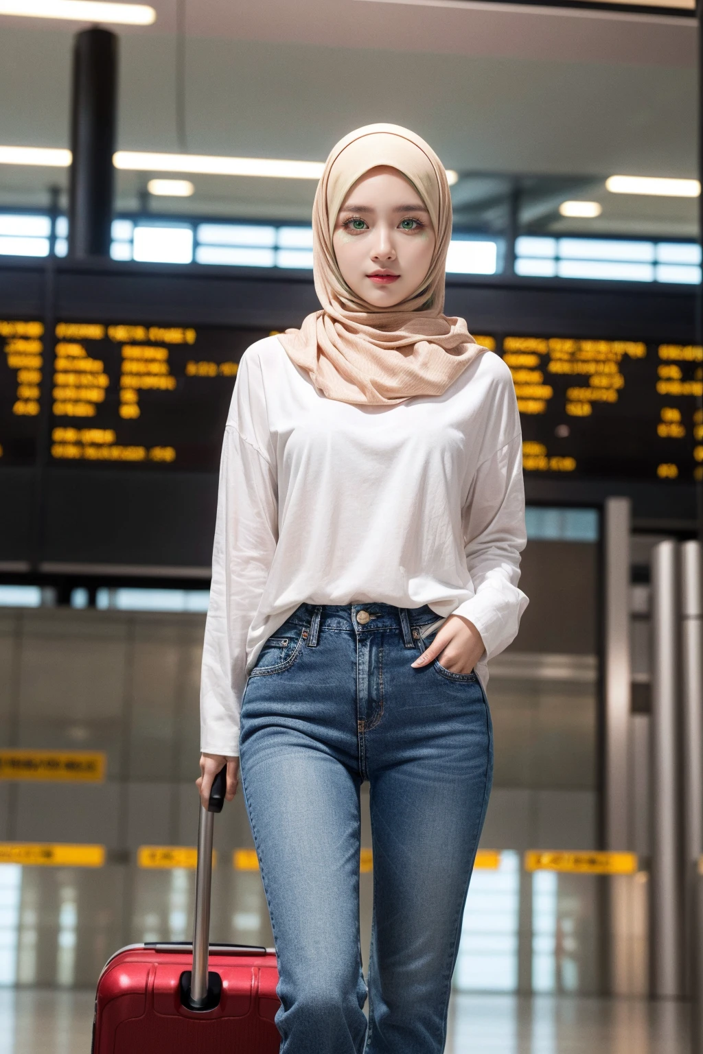 (realistic photos of Hijab Korean female, slightly smile,expressive eyes,eye makeup,airport background,standing posture,confident attitude,Eye-Level Shot, slightly blurry background,UHD,masterpiece:1.2,highres,16k), long Jeans