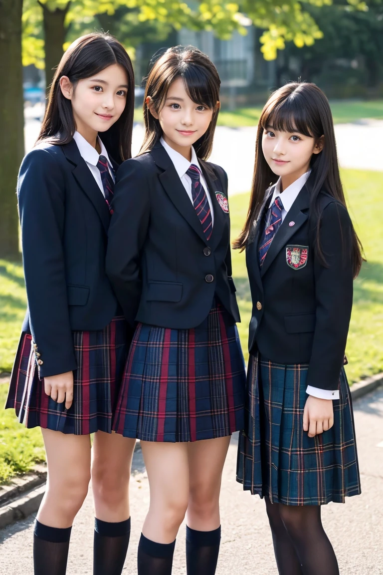 Three Beautiful Girls、Blazer School Uniform、A dark-haired、schools、early evening、13years、Plaid skirt、Run up、lowfers、