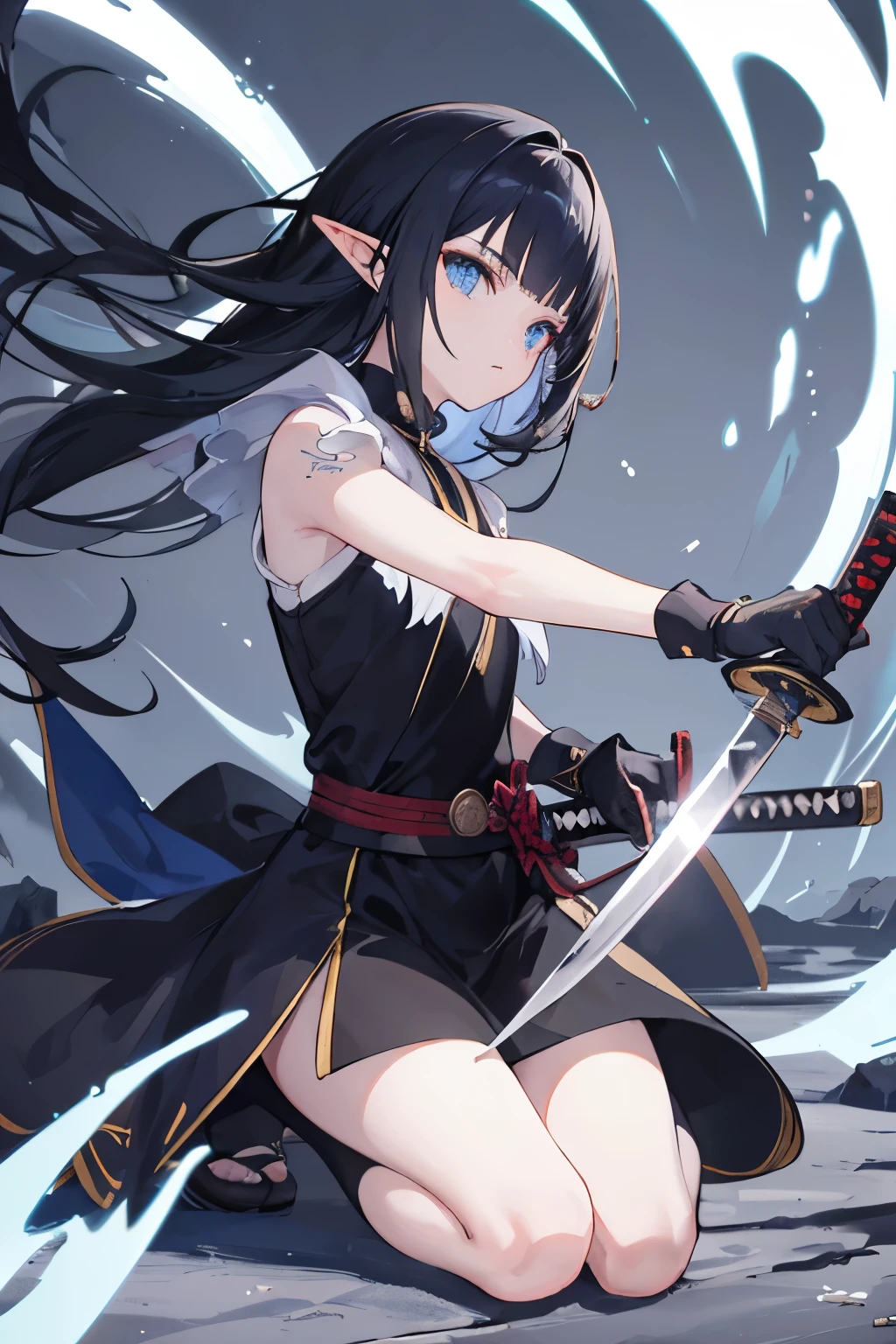 ((best quality)), ((master part)), (circunstanciado), rosto perfeito, elves, anime girl, black dress, long black hair, sword, shild, warrior, dark, blue eyes, fullbody, katana, katana perfeita