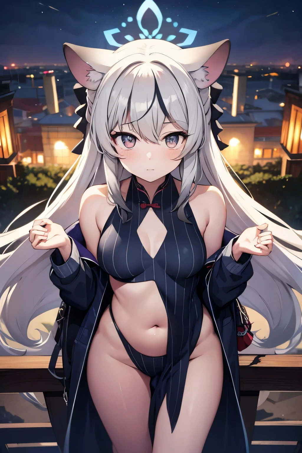 2D Beautiful Girl，Celluloid style，Ultra-clear original picture，Lighting, girl，Kagura Nana，Nana Kagurirtual Host，cropped shoulders，long  white hair，Hands imprisoned by chains，Hanged by chains on the city wall，There are animal ears on both sides of the head，eBlue eyes，Lace sheer pyjamas，前开叉Nightdress，Nightdress，Show most of your belly，Beautiful navel，Loving eyes，cute  face, beautidful eyes，Highest image quality，of works, tmasterpiece，Amazing, good looks, of workrightened light