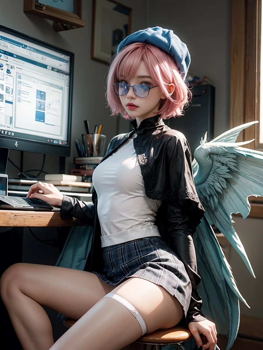 1 girl, Lila Evil, blue hair, blue eyes, short hair, black capelet, skirt, white pantyhose, blue demon wings, bluish glasses, For mini,, indoors, hideout, many computer monitors, phantom thief hideout,, ,