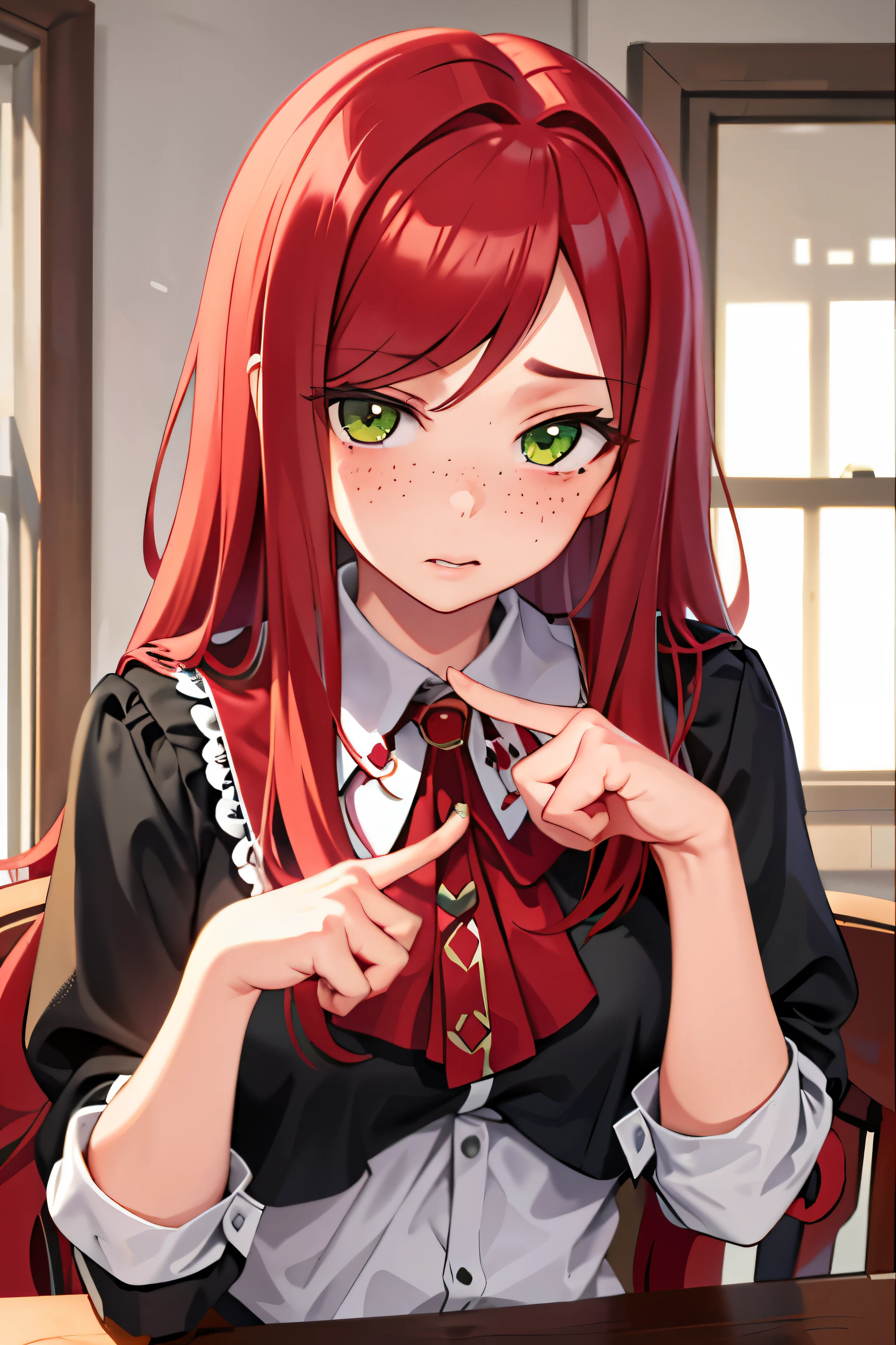 masterpiece, best quality, 1girl, long red hair, green eyes, freckles, upper body, nervous, looking at viewer, index fingers together,