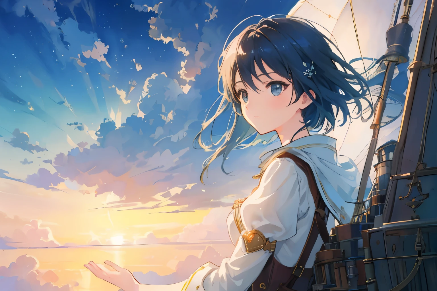 Create exquisite illustrations reminiscent of Makoto Shinkai's style, It has ultra-fine details and top-notch quality. Generate a high-quality illustration of a girl gazing at the sunset from the helm of an airship. Craft a masterpiece with meticulous attention to detail, highlighting the intricacies of the dirigible's control room and capturing the serene beauty of the evening sky. The artwork should convey a sense of tranquility and adventure as the girl steers the airship through the golden hues of the sunset. Aim for the best possible quality, delivering a visually stunning and emotionally evocative composition.