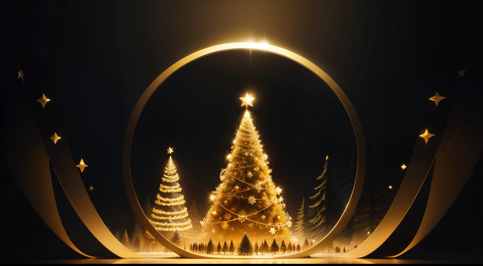 "Golden Christmas tree in an abstract nocturnal landscape"