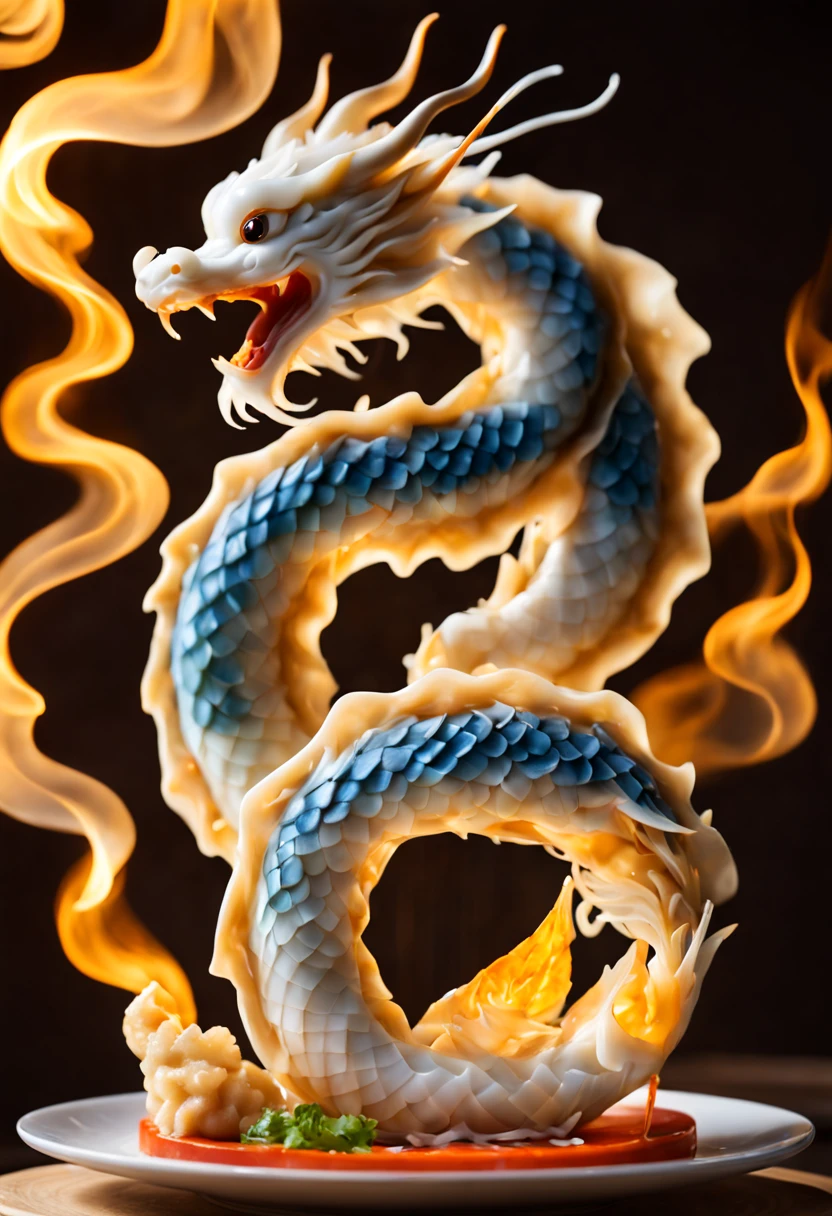 Make dragon-shaped gyoza:A dragon seen from the side is breathing fire,artistic dumplings,beautiful lighting,Thin and  gyoza skin,The layered skin expresses the scales of a dragon.,delicately and boldly,Meals served to royalty,How wonderful,​masterpiece