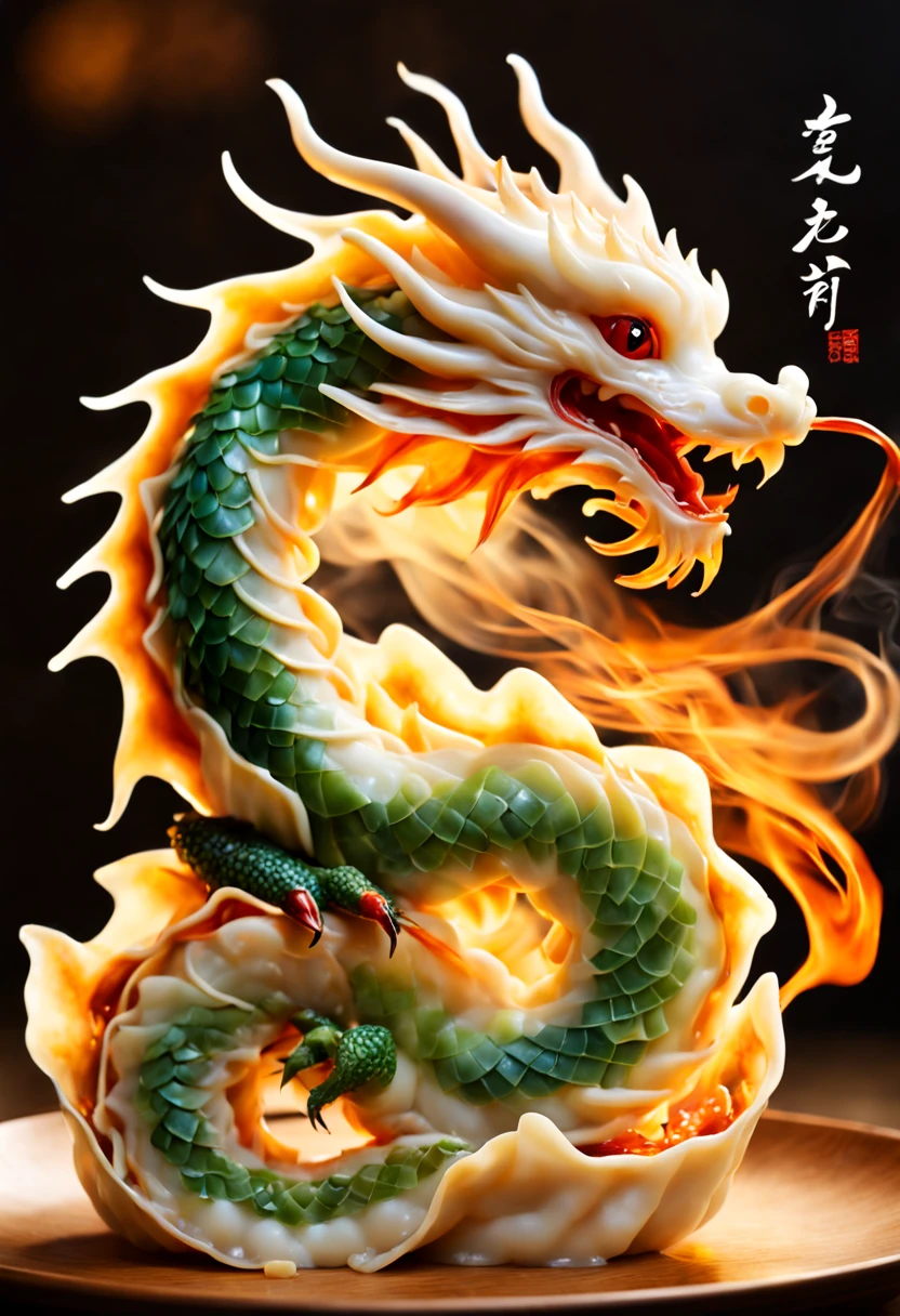 Make dragon-shaped gyoza:A dragon seen from the side is breathing fire,artistic dumplings,beautiful lighting,Thin and  gyoza skin,The layered skin expresses the scales of a dragon.,delicately and boldly,Meals served to royalty,How wonderful,​masterpiece