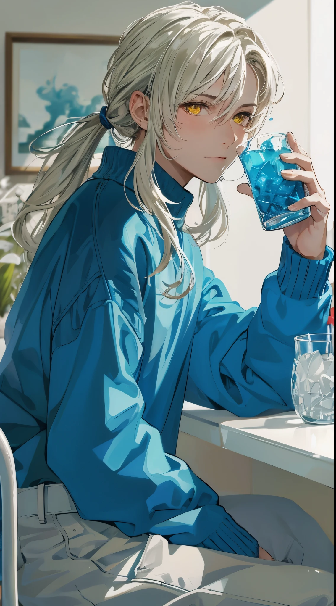 Anime girl with long white hair sitting at a table drinking water ...