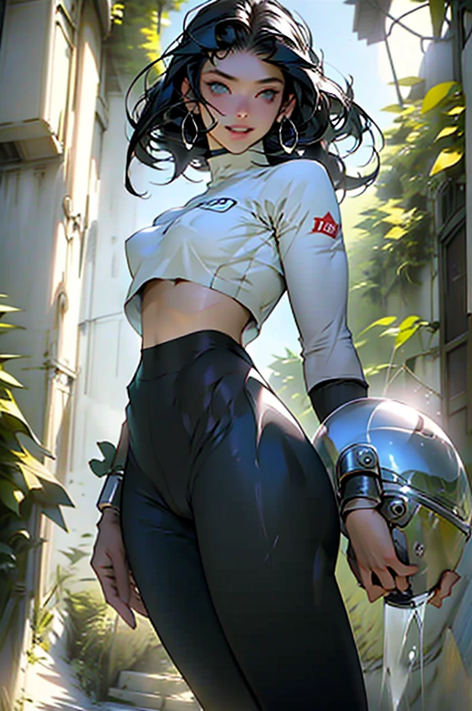 beautiful young warrior with cat ears on her head, com rosto bem detalhado e bonito, belos olhos, belos olhos, rosto lindo, beautiful young woman wearing long brown leggings with black details, sueter apertado branco, Standing in a forest, usando bota preta, cabelo comprido com franja preto, ,orelhas de gato, belo sorriso, tomboy, um pouco musculosa,suter branco com cinta em volta, olhar serio,usando brazer apertado preto