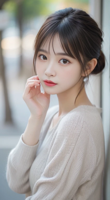 finely detail, hight resolution, hightquality、Perfect dynamic composition, Beautiful detailed eyes, Medium Hair, small tits、Natural Color Lip,Kamimei、Shibuya、20 years girl、1 persons、Transparent skin、Glowing hair、masutepiece, Best Quality, Illustration, Ultra-detailed, finely detail, hight resolution, 8K、The correct state of the human body、Randomly cute poses,Ponytail hair,beauty legs,Perfect beautiful face,KPOP Idol Face,Face that feels ecstasy,Pale light grey knitted dress,Background blur,Randomly dress up as a model for a women's fashion magazine