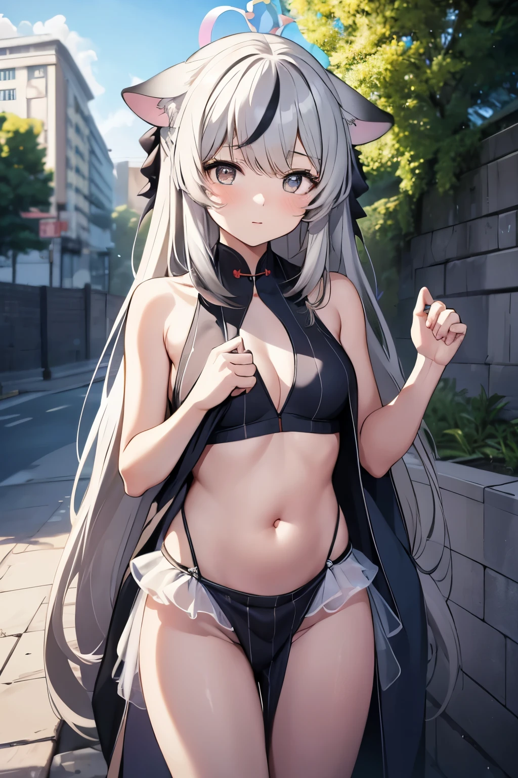 2D Beautiful Girl，Celluloid style，Ultra-clear original picture，Lighting, girl，Kagura Nana，Nana Kagurirtual Host，cropped shoulders，long  white hair，Hands imprisoned by chains，Hanged by chains on the city wall，There are animal ears on both sides of the head，eBlue eyes，Lace sheer pyjamas，前开叉Nightdress，Nightdress，Show most of your belly，Beautiful navel，Loving eyes，cute  face, beautidful eyes，Highest image quality，of works, tmasterpiece，Amazing, good looks, of workrightened light