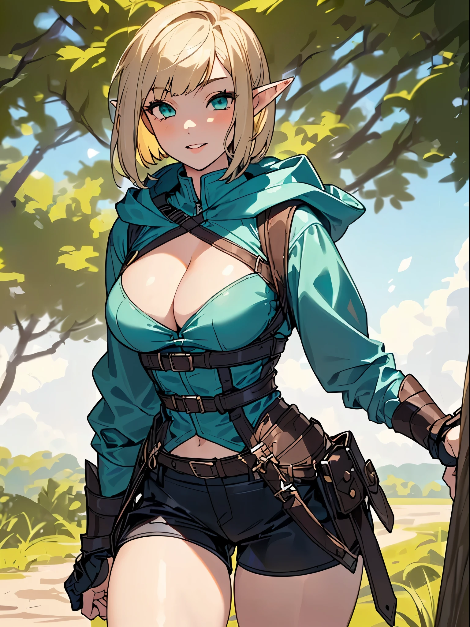 SFW (masterpiece, best quality, 32k) a youthful age girl with short blonde hair ((golden blonde hair, platinum blonde hair, bangs, diagonal bangs, straight bangs, blunt bangs, bob, assymetric bob, inverted bob)), ((aqua eyes, green eyes, blue eyes)), ((youthful face, beautiful face, cute face, sexy face)), ((pointy ears, elf ears)), pale skin, walking, standing, relaxed, outside, outdoors, forest, trees, grass, sky, clouds. Fantasy adventurer clothes, medieval fantasy clothes, light armor, leather armor (bracers, pauldrons, gauntlets, vambraces), ((white blouse, cleavage, pushup cleavage:1, scoop neck, tight blouse, taut blouse)), ((corset, harness, chest harness, framed breasts)), ((jacket, cropped jacket:1, hood, hood down, long sleeves, loose sleeves, impossible clothes)), ((short shorts, black shorts, high-waist shorts:1, tight shorts, taut shorts, high-leg shorts:1, belt, pouches)), mage, warrior, wizard, fighter, rogue, investigator, scholar, researcher, ranger, archeologist, ((large breasts:1.3, first-rate breasts:1.3, round breasts, huge breasts:1.1, perky breasts:1.1)), ((slim:1.3, lithe:1.3, slender:1.3, thin:1.3, busty:1.2, buxom:1.1, knockout beauty:1.4)), ((long legs, slender legs, thick thighs)), small smile ((full lips)), happy expression, bright expression, sunny expression, open eyes, large eyes, expressive eyes, head-to-waist portrait, cinematics, color oil painting, cinematic lighting, ((extremely detailed face)), ((finely detailed face)), ((Extremely detailed eyes)), ((finely detailed eyes)), ((beautiful face)), ((beautiful eyes)), perfect lighting, depth of field, (realistic proportions), (good anatomy), ((solo:1.6)), ((1girl:1.6))