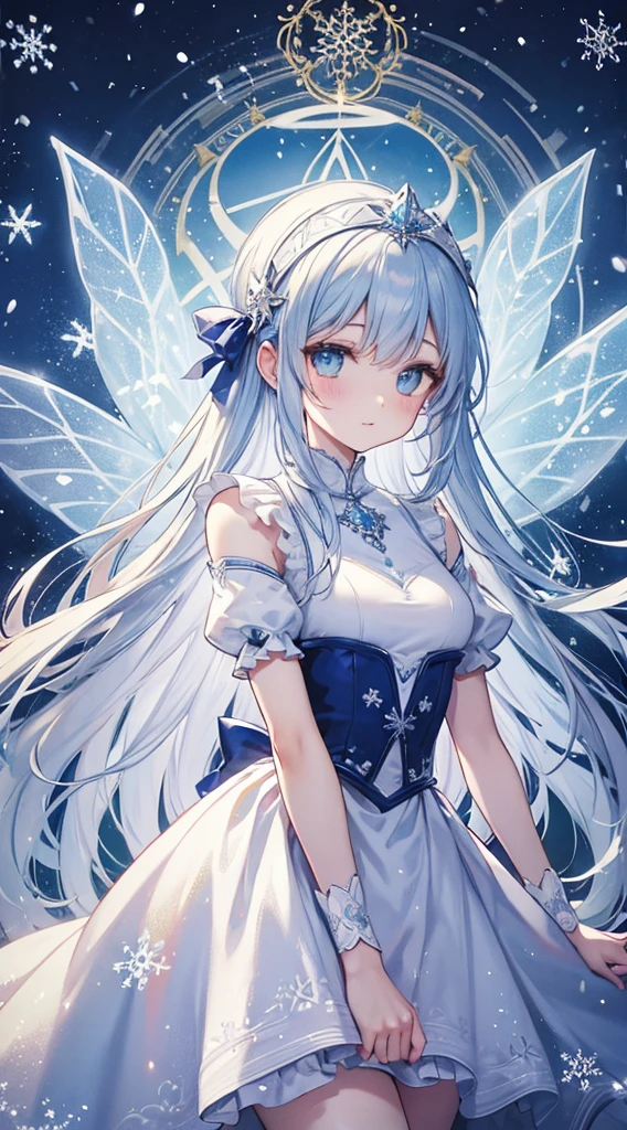 absurdres, best quality, fine detailed, 8k, Tarot card decorated with crystal texture, The snowflake, snowflake Tarot Card, Tarot Card Style Frame, Art Nouveau, 1 snow fairy, silver hair, light blue fantasy dress, Exquisitely crafted blue snowflake headband, fairy wings, (colorful powder snow), blizzard, snowflake magic, snow magic, magic circle