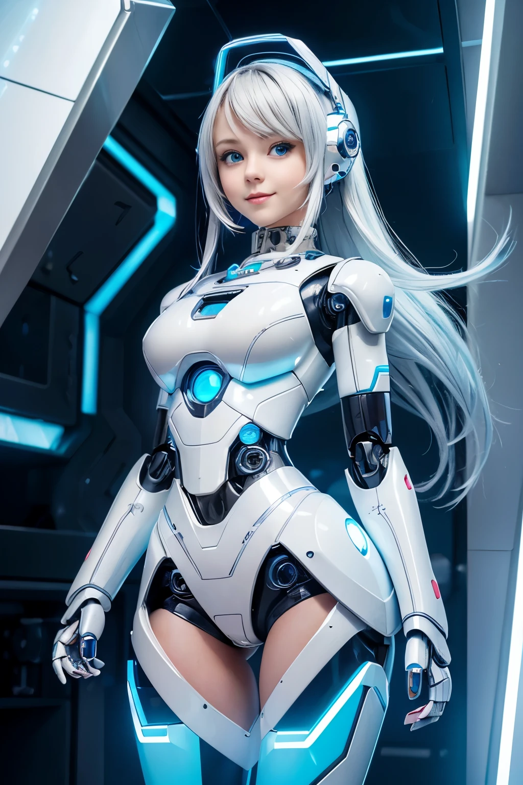 (Best Quality, High resolution, masutepiece:1.2), Ultra-detailed, Realistic:1.37, (Perfect Anatomy),1 girl in, cowboy  shot, A neat and beautiful 22-year-old Scandinavian woman,(Transform into a cute robot:1.3),Standing posture,A smile,beautidful eyes,Beautiful skins, detailed facial features, intricate hair, (Details Futuristic light blue and white cute robot body and boots with futuristic design:1.3),　Metal necklace,Futuristic hair ornament, attractive idol makeup,Silver long hair，Moe Pose,cyber lab