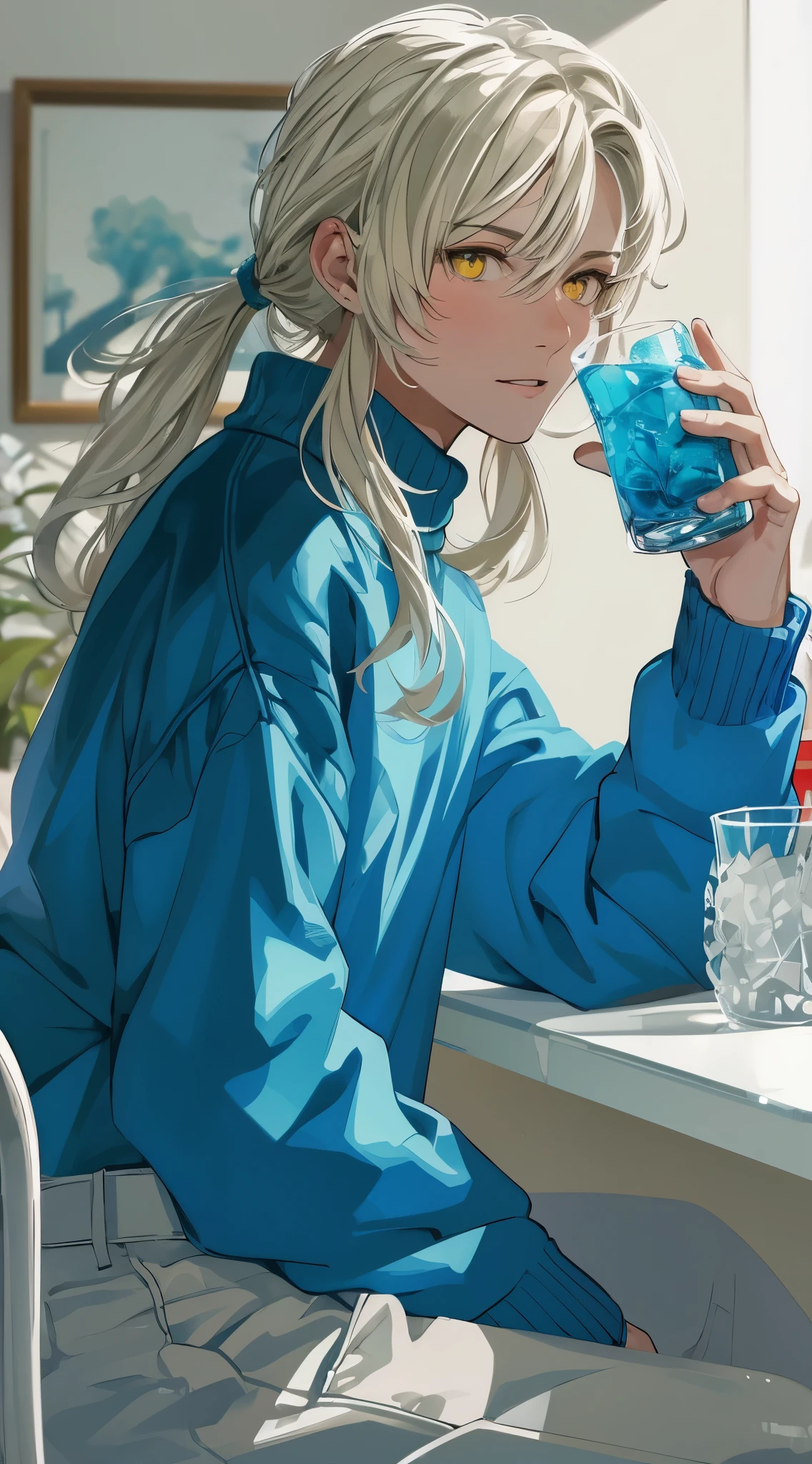 Beautiful young man, Dignified face, Handsome, manly, white, Very long hair, Yellow eyes, Ponytail, Bright blue sweater, sitting on white counter chair, white background, holding a glass of blue drink, Shadow,High quality, amount of drawing, pixiv illustration