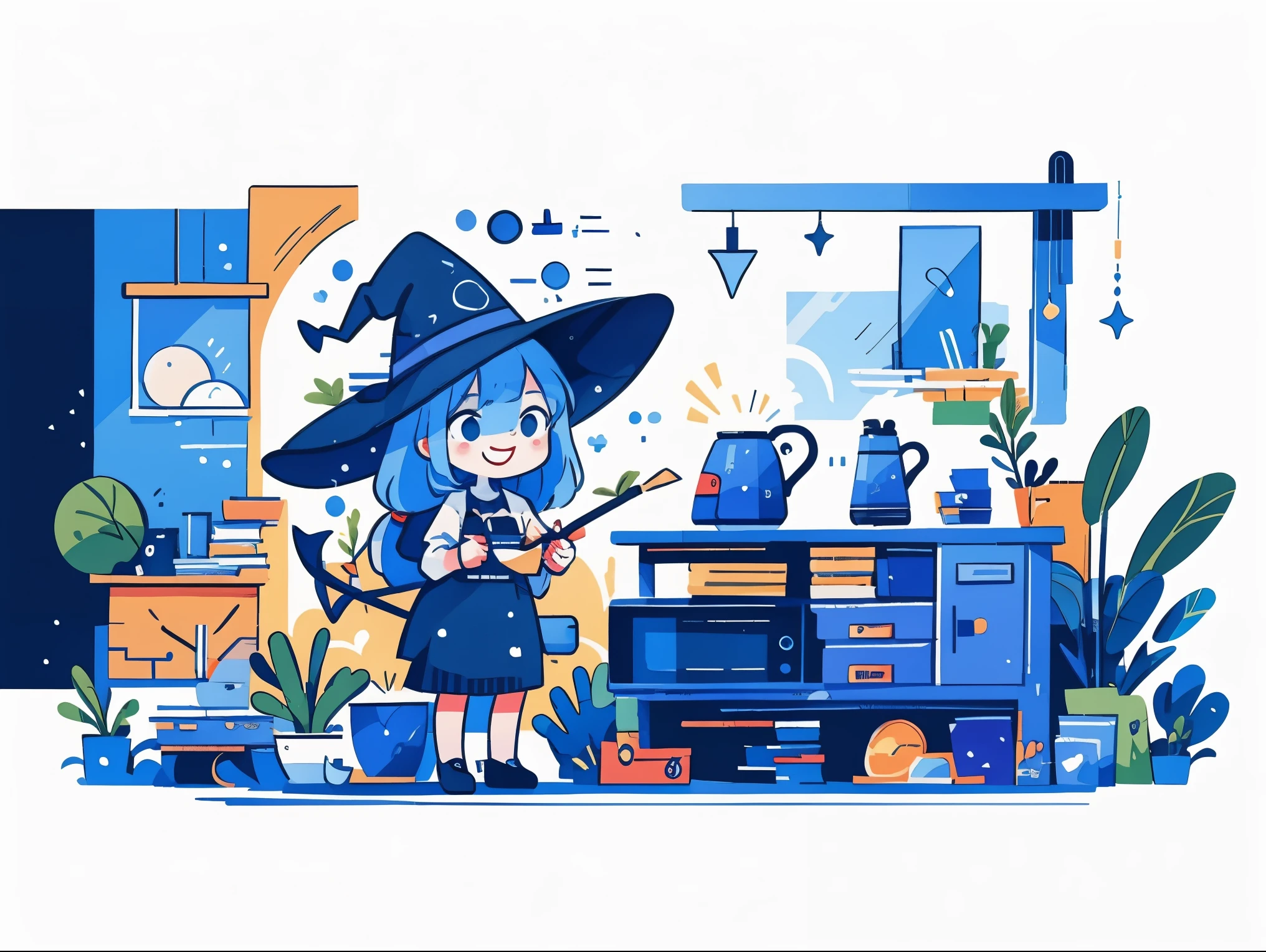 Witch stirring a cauldron with herbs, smiling, indoors, and a skull present.